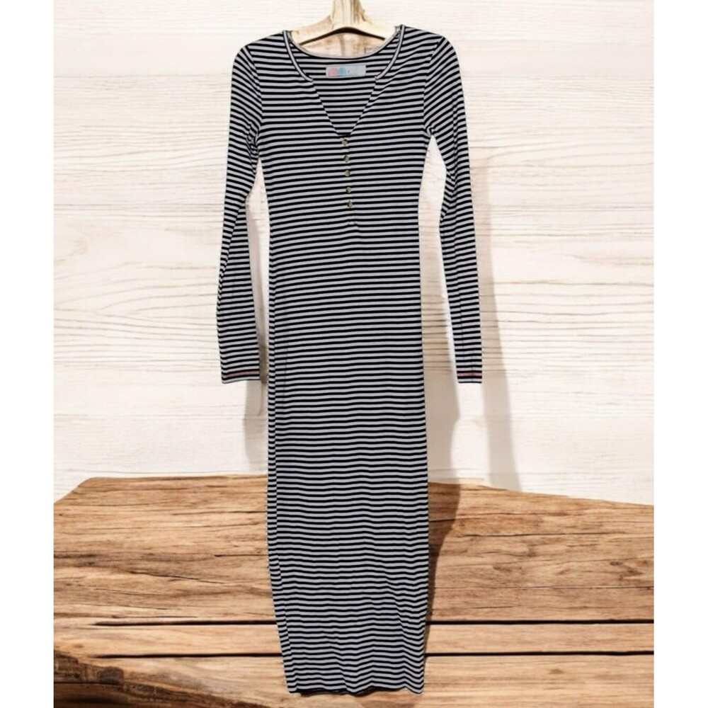 Free People Beach XS Black and White Midi Striped Long Sleeve Fitted Dress